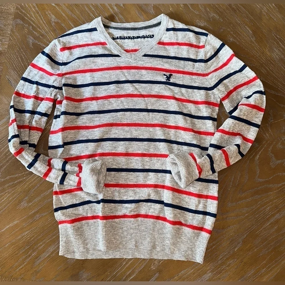 American Eagle Cotton V-Neck Sweater - Grey with Red & Blue Stripes - Size M